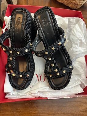 Valentino Garavani Black Rope Stud Sandals with Gold Studs